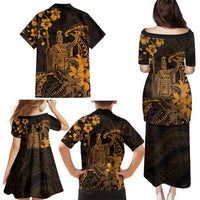 Hawaii King Kamehameha Day Family Matching Puletasi and Hawaiian Shirt Polynesian Pattern Mix Hibiscus Gold