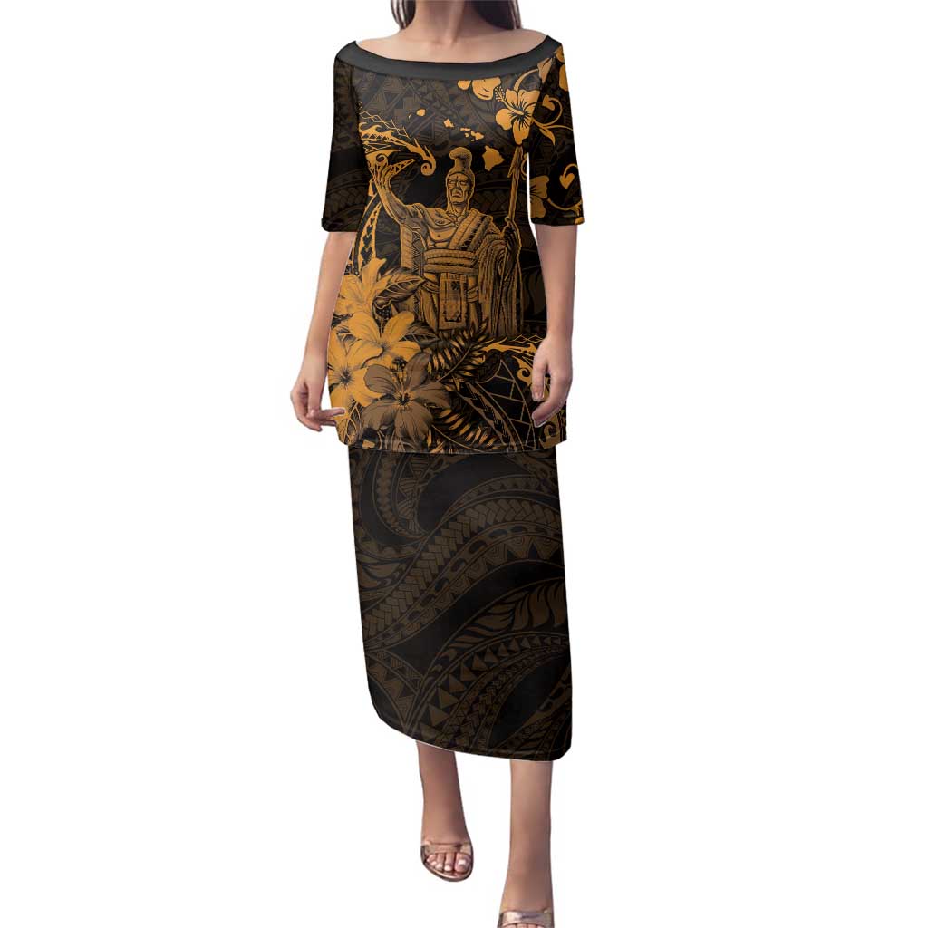 Hawaii King Kamehameha Day Family Matching Puletasi and Hawaiian Shirt Polynesian Pattern Mix Hibiscus Gold
