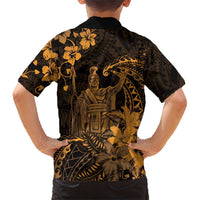 Hawaii King Kamehameha Day Family Matching Short Sleeve Bodycon Dress and Hawaiian Shirt Polynesian Pattern Mix Hibiscus Gold