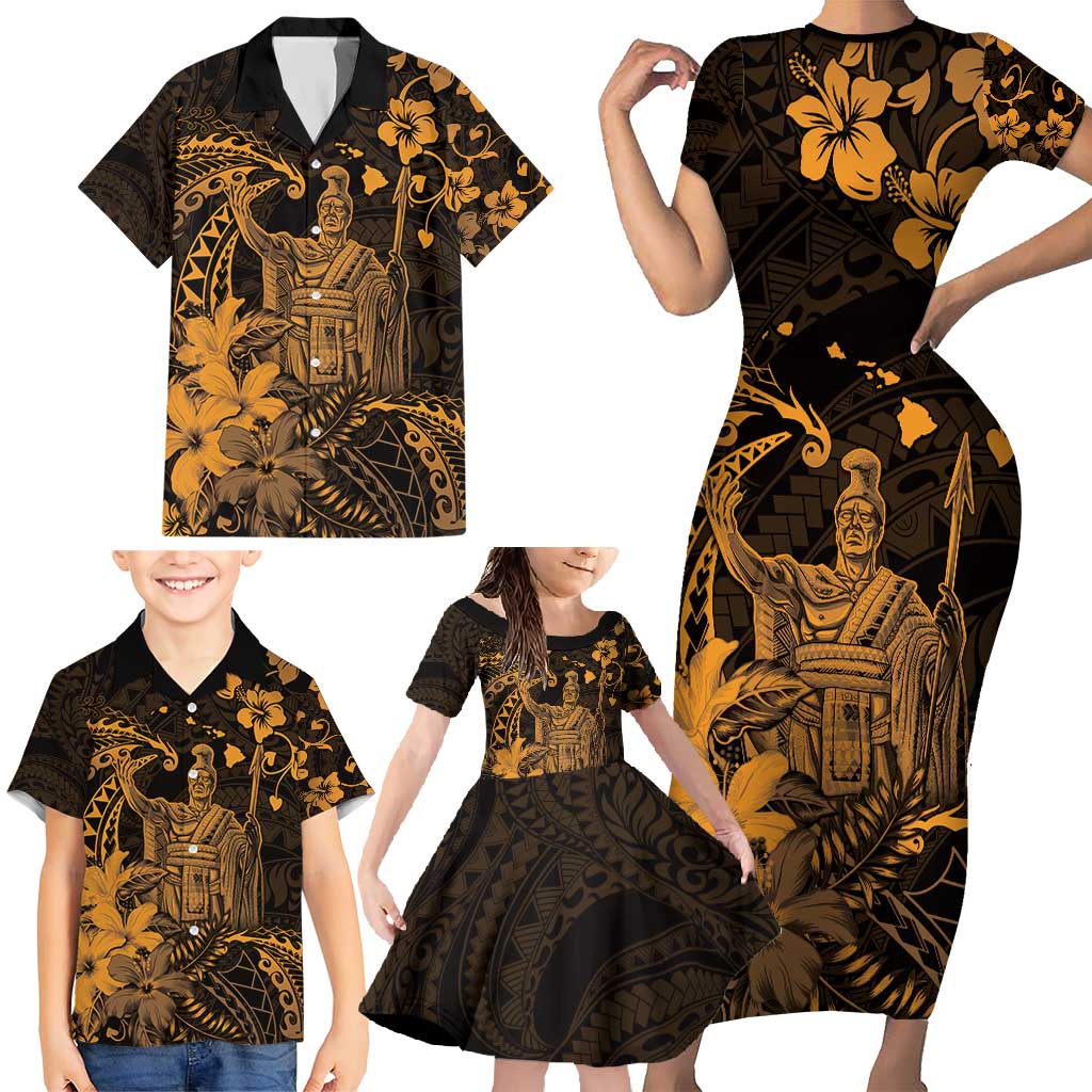 Hawaii King Kamehameha Day Family Matching Short Sleeve Bodycon Dress and Hawaiian Shirt Polynesian Pattern Mix Hibiscus Gold