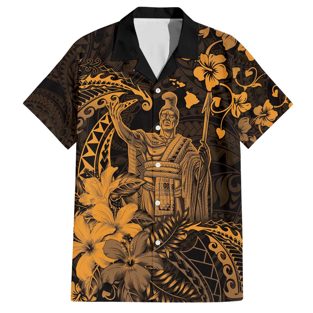 Hawaii King Kamehameha Day Family Matching Short Sleeve Bodycon Dress and Hawaiian Shirt Polynesian Pattern Mix Hibiscus Gold