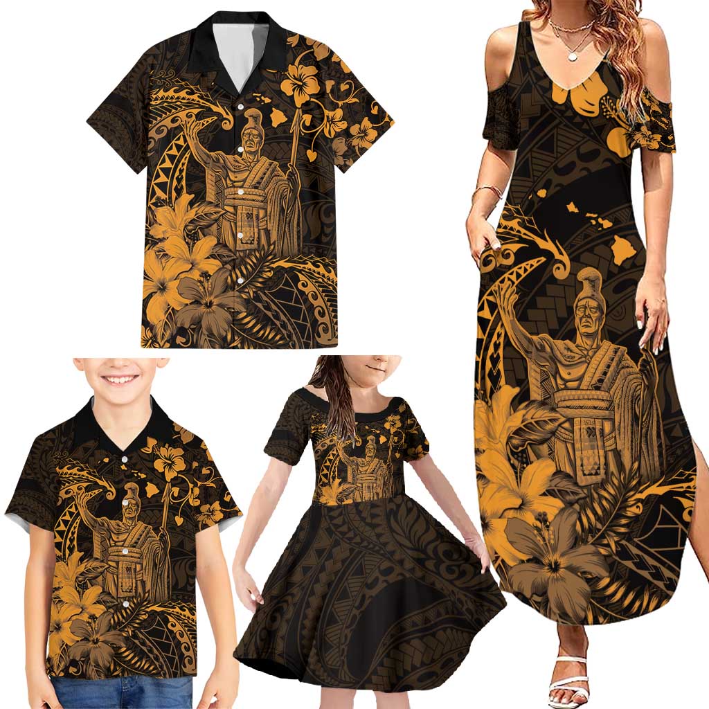 Hawaii King Kamehameha Day Family Matching Summer Maxi Dress and Hawaiian Shirt Polynesian Pattern Mix Hibiscus Gold