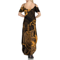 Hawaii King Kamehameha Day Family Matching Summer Maxi Dress and Hawaiian Shirt Polynesian Pattern Mix Hibiscus Gold