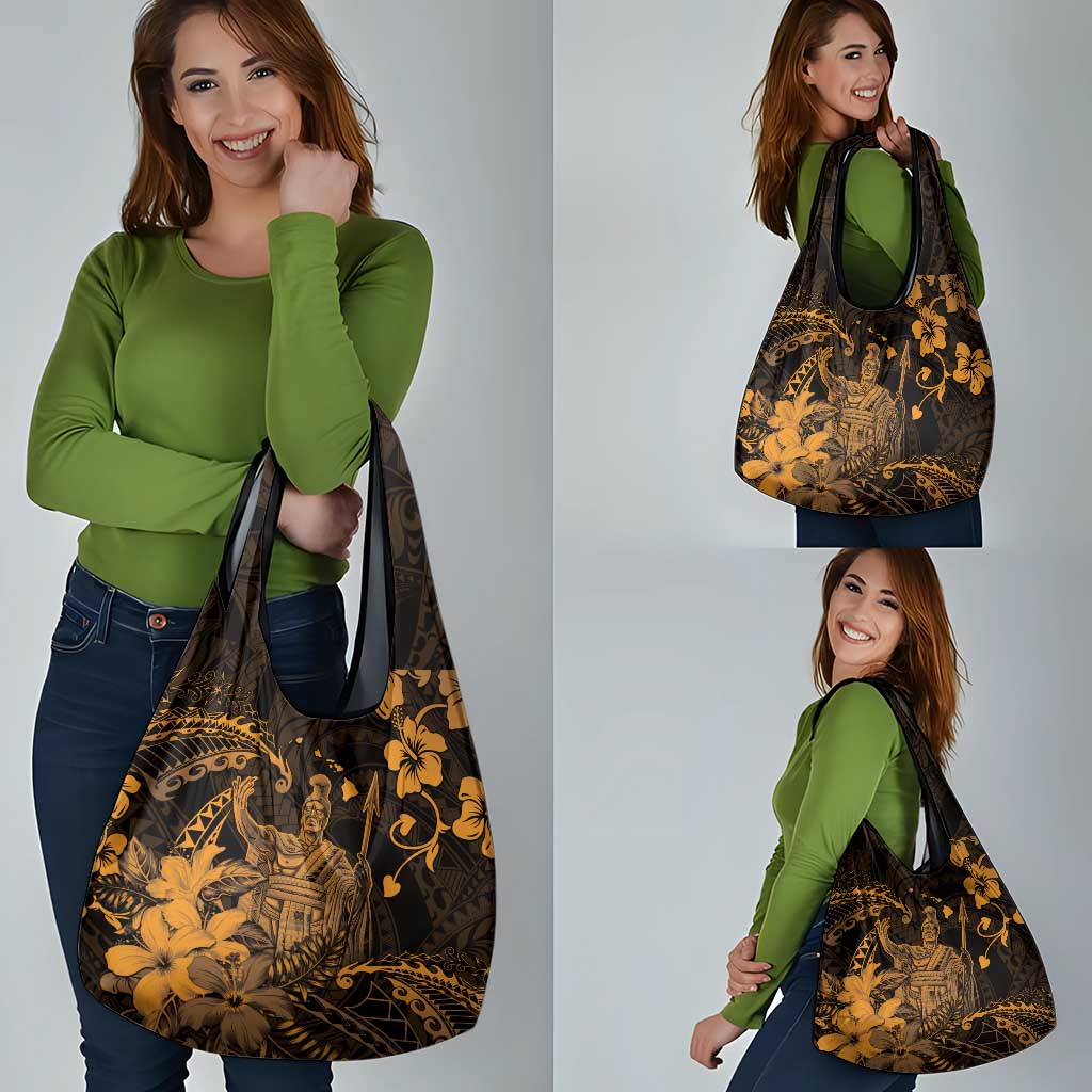 Hawaii King Kamehameha Day Grocery Bag Polynesian Pattern Mix Hibiscus Gold