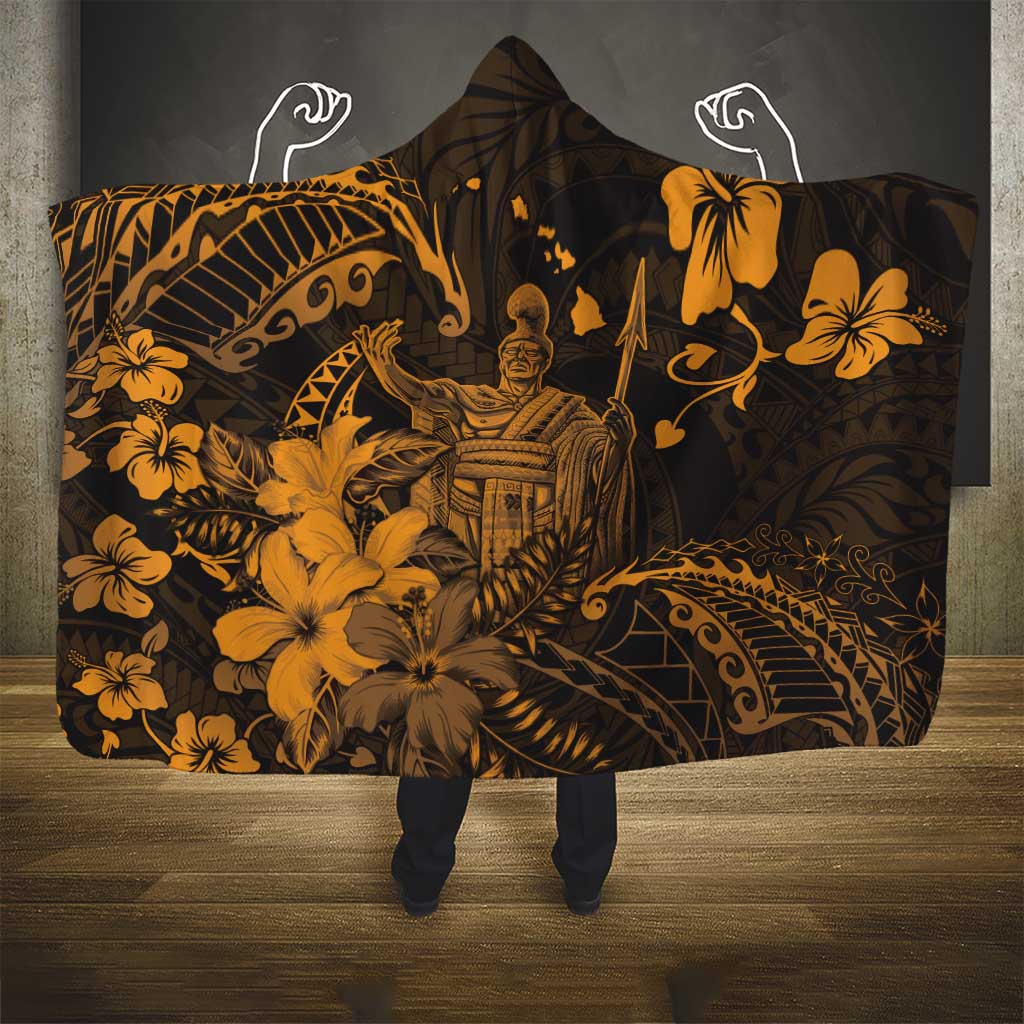 Hawaii King Kamehameha Day Hooded Blanket Polynesian Pattern Mix Hibiscus Gold