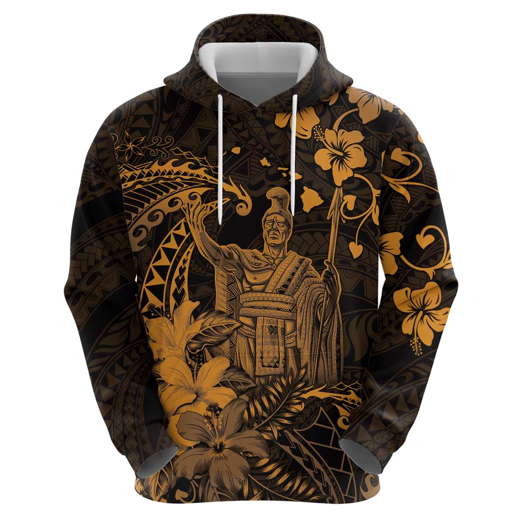 Hawaii King Kamehameha Day Hoodie Polynesian Pattern Mix Hibiscus Gold
