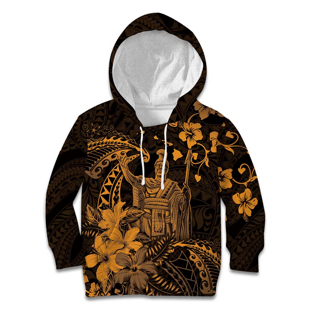 Hawaii King Kamehameha Day Kid Hoodie Polynesian Pattern Mix Hibiscus Gold