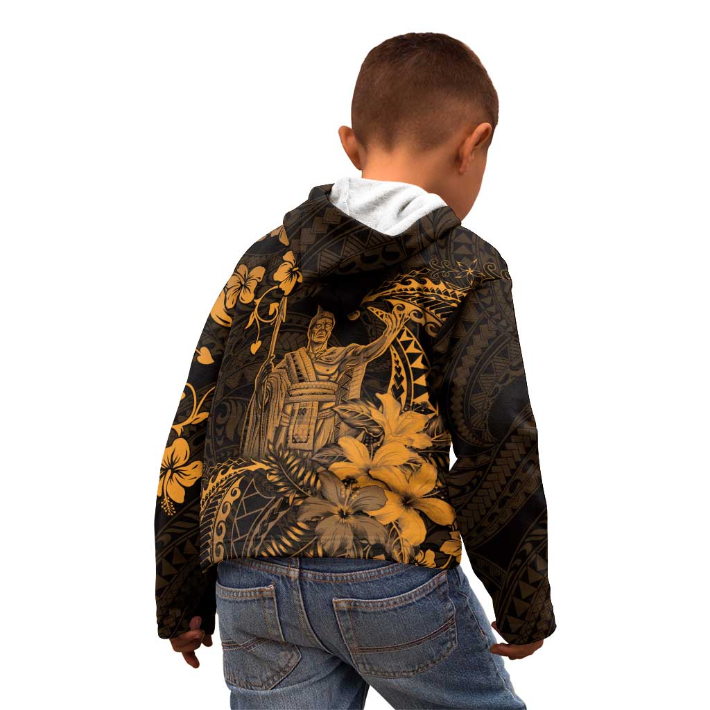 Hawaii King Kamehameha Day Kid Hoodie Polynesian Pattern Mix Hibiscus Gold