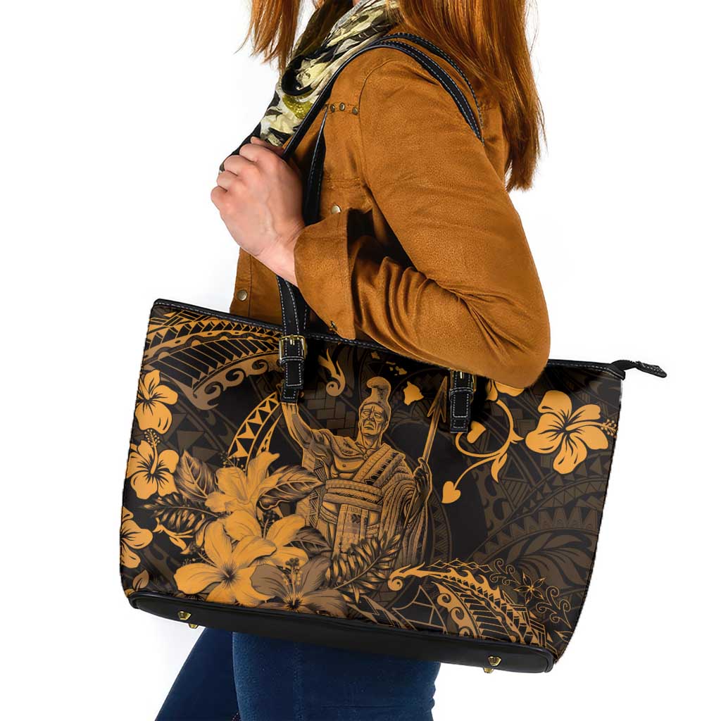 Hawaii King Kamehameha Day Leather Tote Bag Polynesian Pattern Mix Hibiscus Gold
