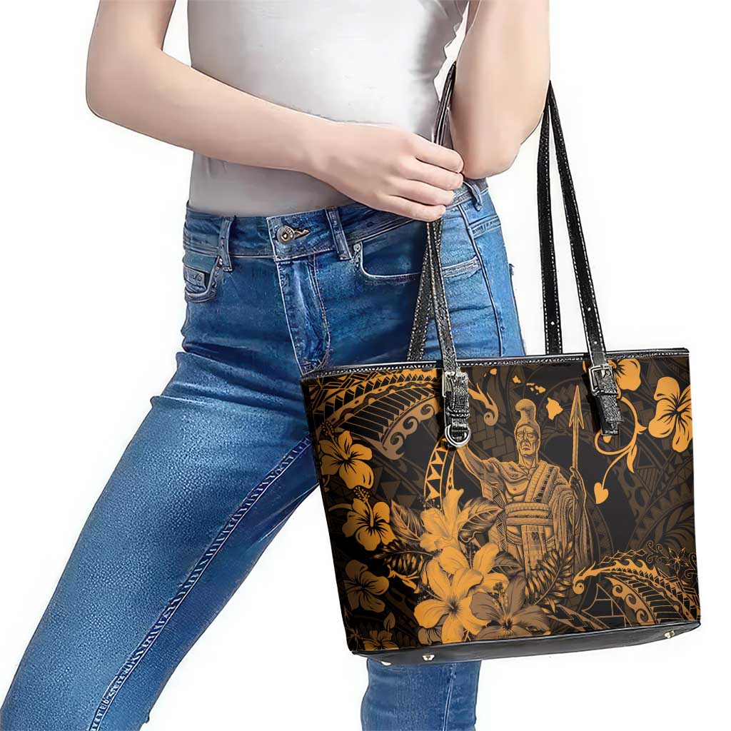 Hawaii King Kamehameha Day Leather Tote Bag Polynesian Pattern Mix Hibiscus Gold