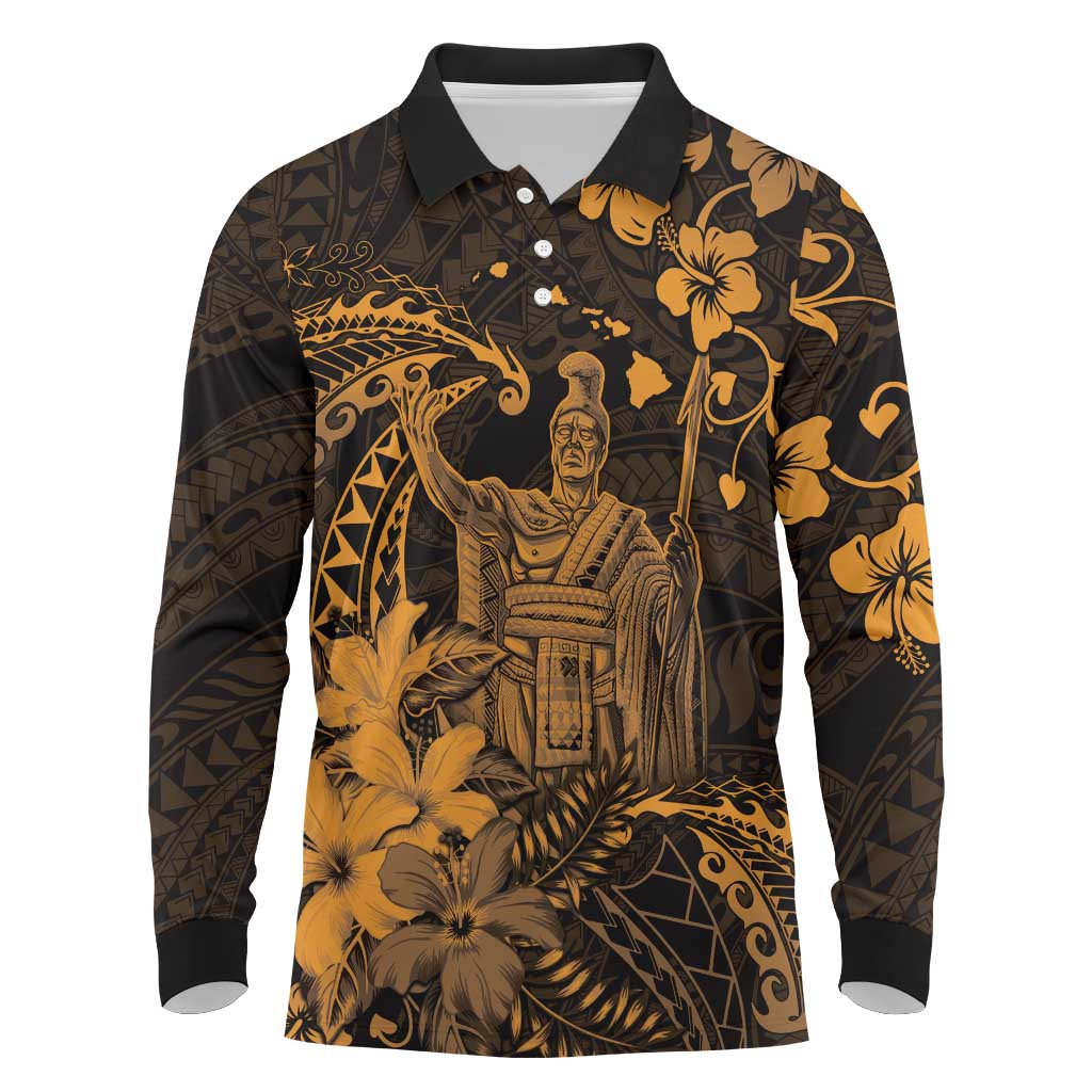 Hawaii King Kamehameha Day Long Sleeve Polo Shirt Polynesian Pattern Mix Hibiscus Gold
