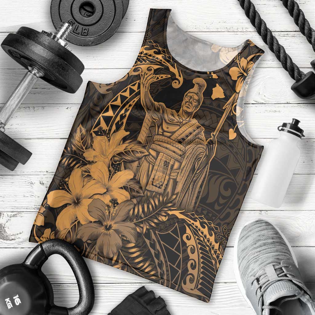 Hawaii King Kamehameha Day Men Tank Top Polynesian Pattern Mix Hibiscus Gold