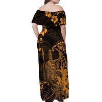 Hawaii King Kamehameha Day Off Shoulder Maxi Dress Polynesian Pattern Mix Hibiscus Gold