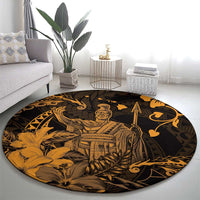 Hawaii King Kamehameha Day Round Carpet Polynesian Pattern Mix Hibiscus Gold