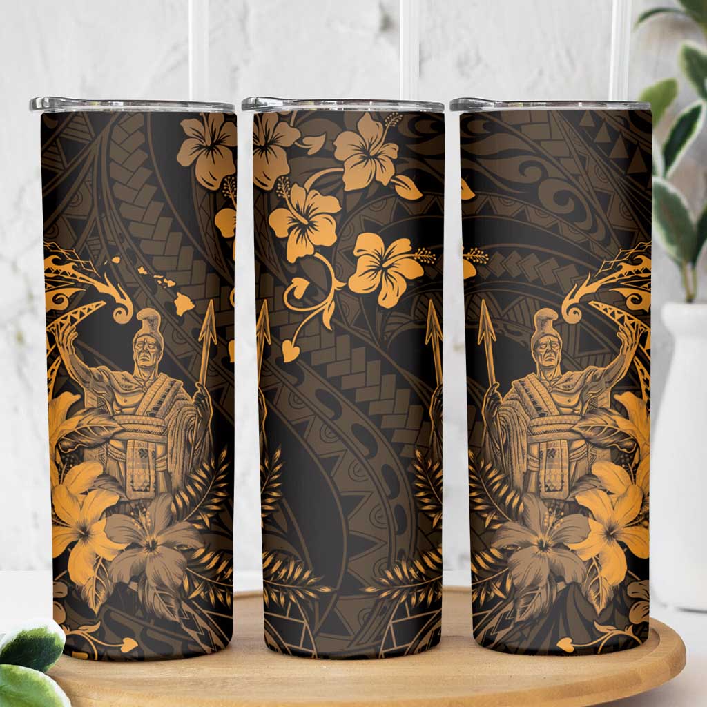 Hawaii King Kamehameha Day Skinny Tumbler Polynesian Pattern Mix Hibiscus Gold