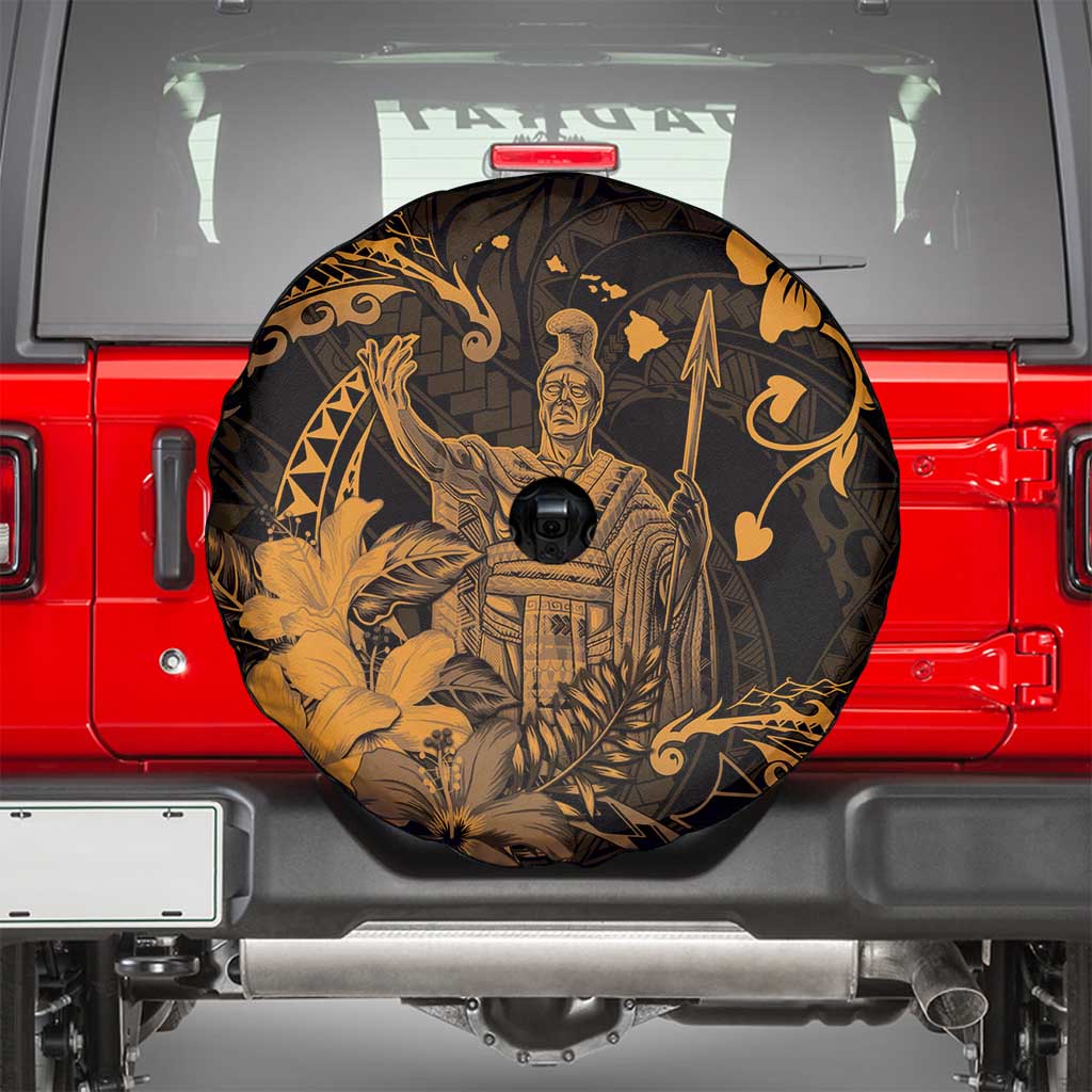 Hawaii King Kamehameha Day Spare Tire Cover Polynesian Pattern Mix Hibiscus Gold