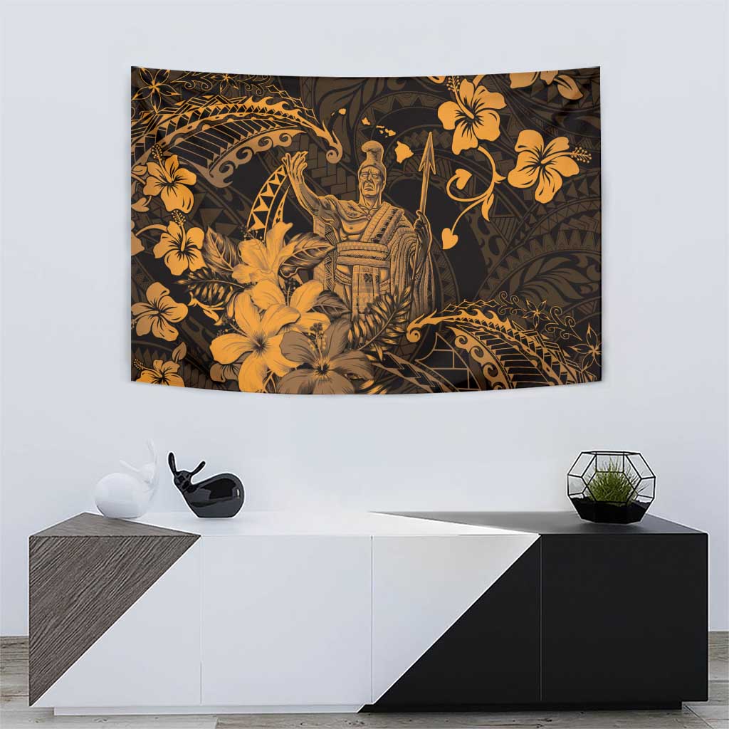 Hawaii King Kamehameha Day Tapestry Polynesian Pattern Mix Hibiscus Gold