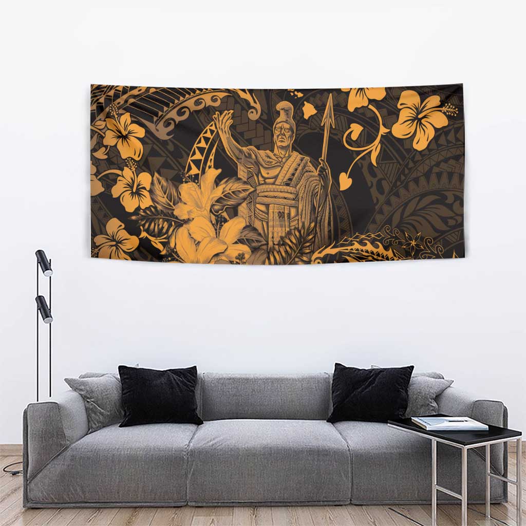 Hawaii King Kamehameha Day Tapestry Polynesian Pattern Mix Hibiscus Gold