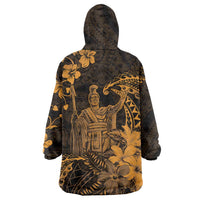Hawaii King Kamehameha Day Wearable Blanket Hoodie Polynesian Pattern Mix Hibiscus Gold