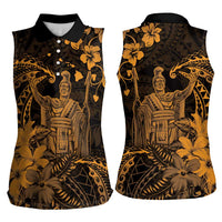 Hawaii King Kamehameha Day Women Sleeveless Polo Shirt Polynesian Pattern Mix Hibiscus Gold