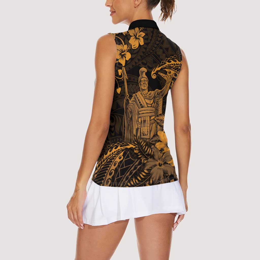 Hawaii King Kamehameha Day Women Sleeveless Polo Shirt Polynesian Pattern Mix Hibiscus Gold