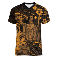 Hawaii King Kamehameha Day Women V-Neck T-Shirt Polynesian Pattern Mix Hibiscus Gold