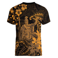 Hawaii King Kamehameha Day Women V-Neck T-Shirt Polynesian Pattern Mix Hibiscus Gold