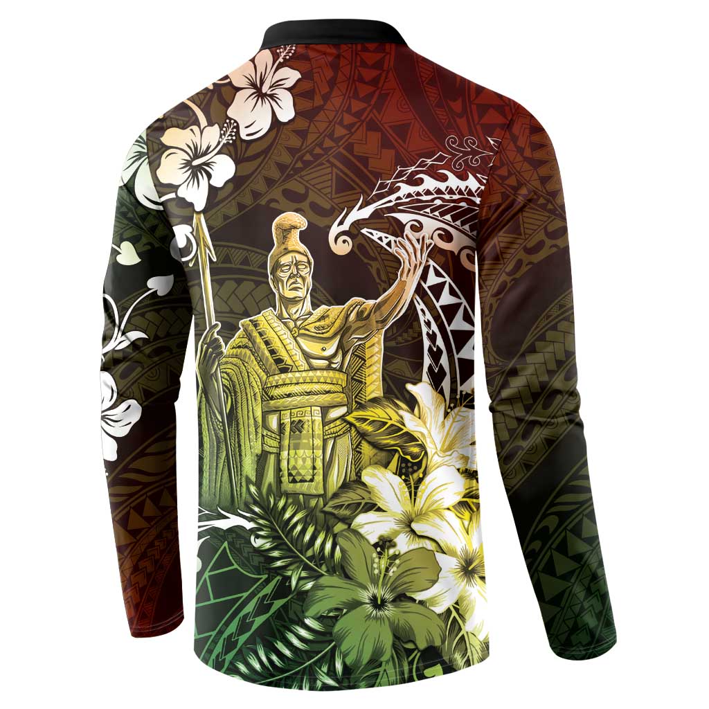 Hawaii King Kamehameha Day Button Sweatshirt Polynesian Pattern Mix Hibiscus Reggae