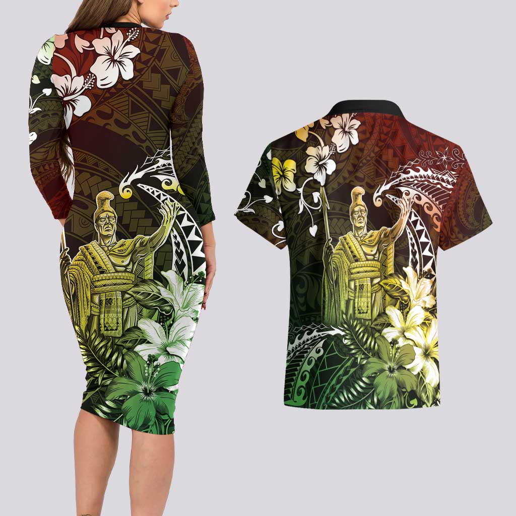 Hawaii King Kamehameha Day Couples Matching Long Sleeve Bodycon Dress and Hawaiian Shirt Polynesian Pattern Mix Hibiscus Reggae