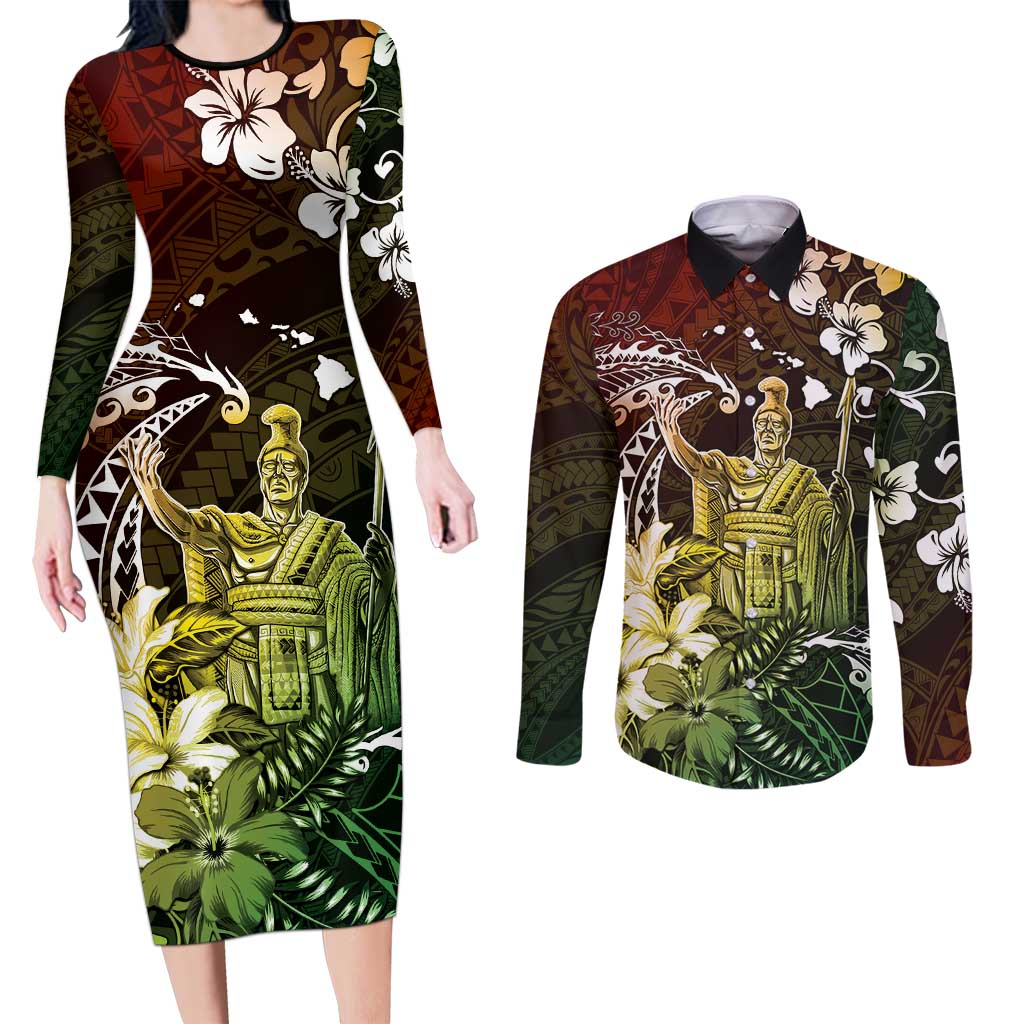 Hawaii King Kamehameha Day Couples Matching Long Sleeve Bodycon Dress and Long Sleeve Button Shirt Polynesian Pattern Mix Hibiscus Reggae
