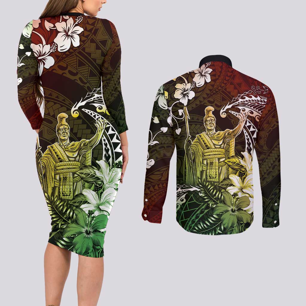 Hawaii King Kamehameha Day Couples Matching Long Sleeve Bodycon Dress and Long Sleeve Button Shirt Polynesian Pattern Mix Hibiscus Reggae