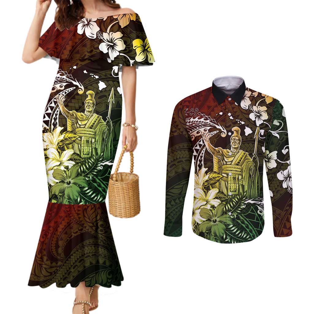 Hawaii King Kamehameha Day Couples Matching Mermaid Dress and Long Sleeve Button Shirt Polynesian Pattern Mix Hibiscus Reggae