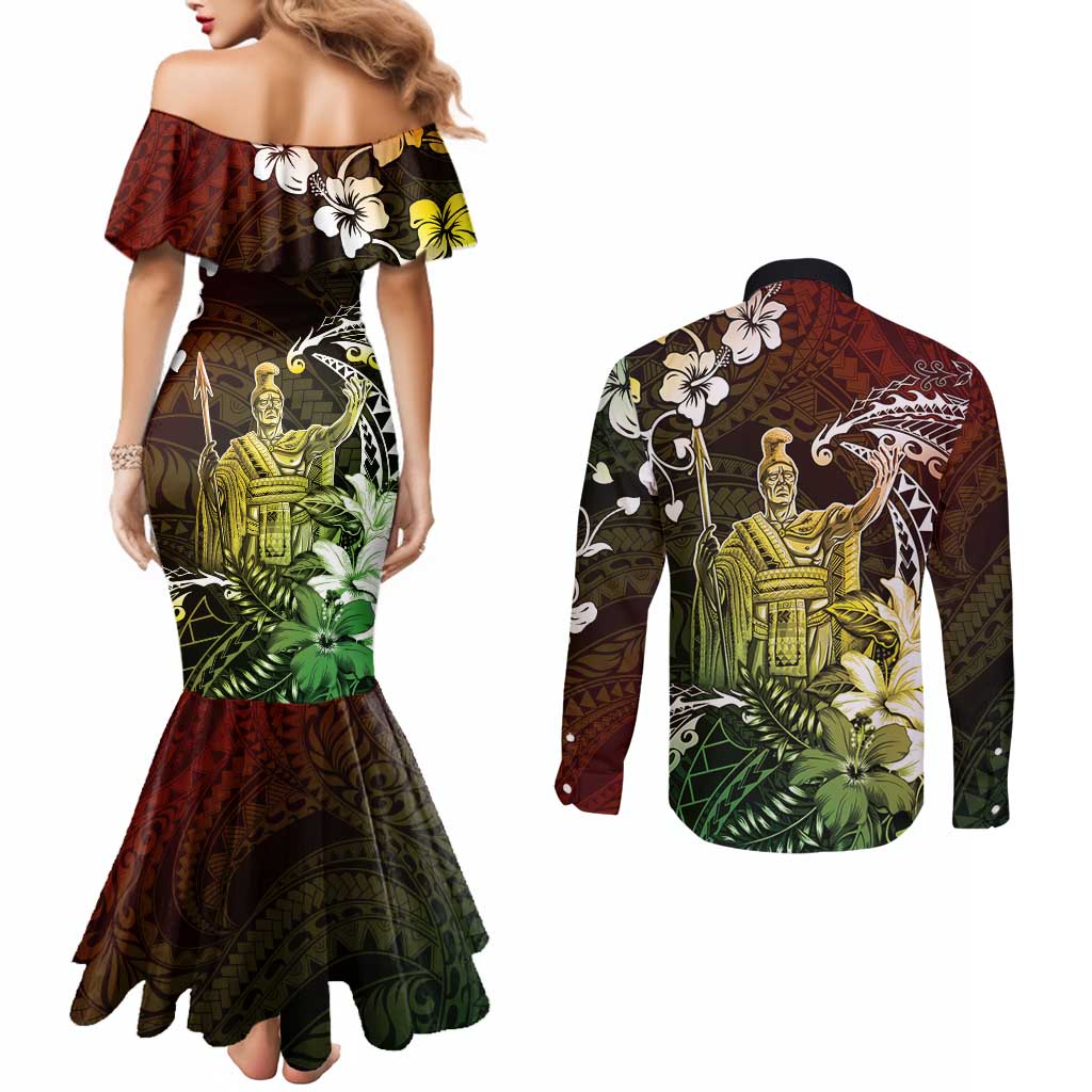 Hawaii King Kamehameha Day Couples Matching Mermaid Dress and Long Sleeve Button Shirt Polynesian Pattern Mix Hibiscus Reggae