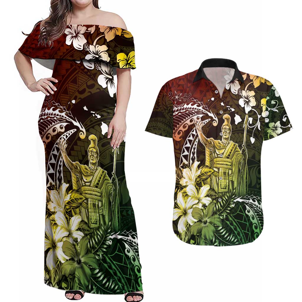 Hawaii King Kamehameha Day Couples Matching Off Shoulder Maxi Dress and Hawaiian Shirt Polynesian Pattern Mix Hibiscus Reggae