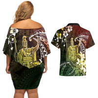 Hawaii King Kamehameha Day Couples Matching Off Shoulder Short Dress and Hawaiian Shirt Polynesian Pattern Mix Hibiscus Reggae