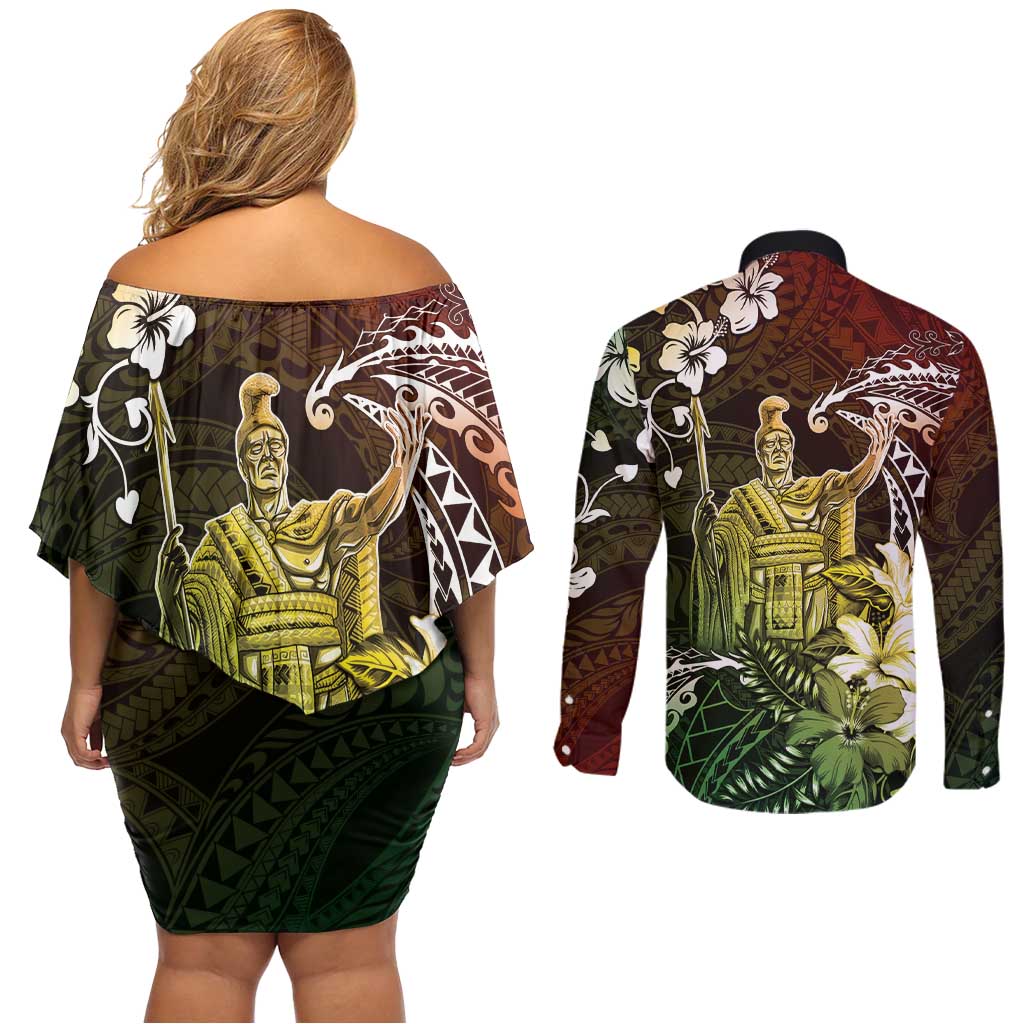 Hawaii King Kamehameha Day Couples Matching Off Shoulder Short Dress and Long Sleeve Button Shirt Polynesian Pattern Mix Hibiscus Reggae