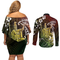 Hawaii King Kamehameha Day Couples Matching Off Shoulder Short Dress and Long Sleeve Button Shirt Polynesian Pattern Mix Hibiscus Reggae
