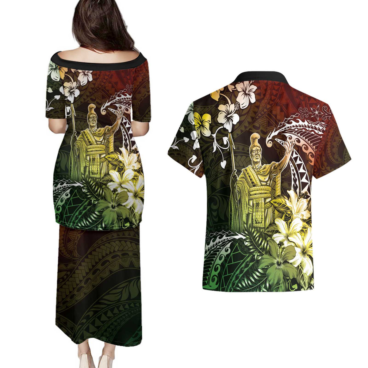 Hawaii King Kamehameha Day Couples Matching Puletasi and Hawaiian Shirt Polynesian Pattern Mix Hibiscus Reggae