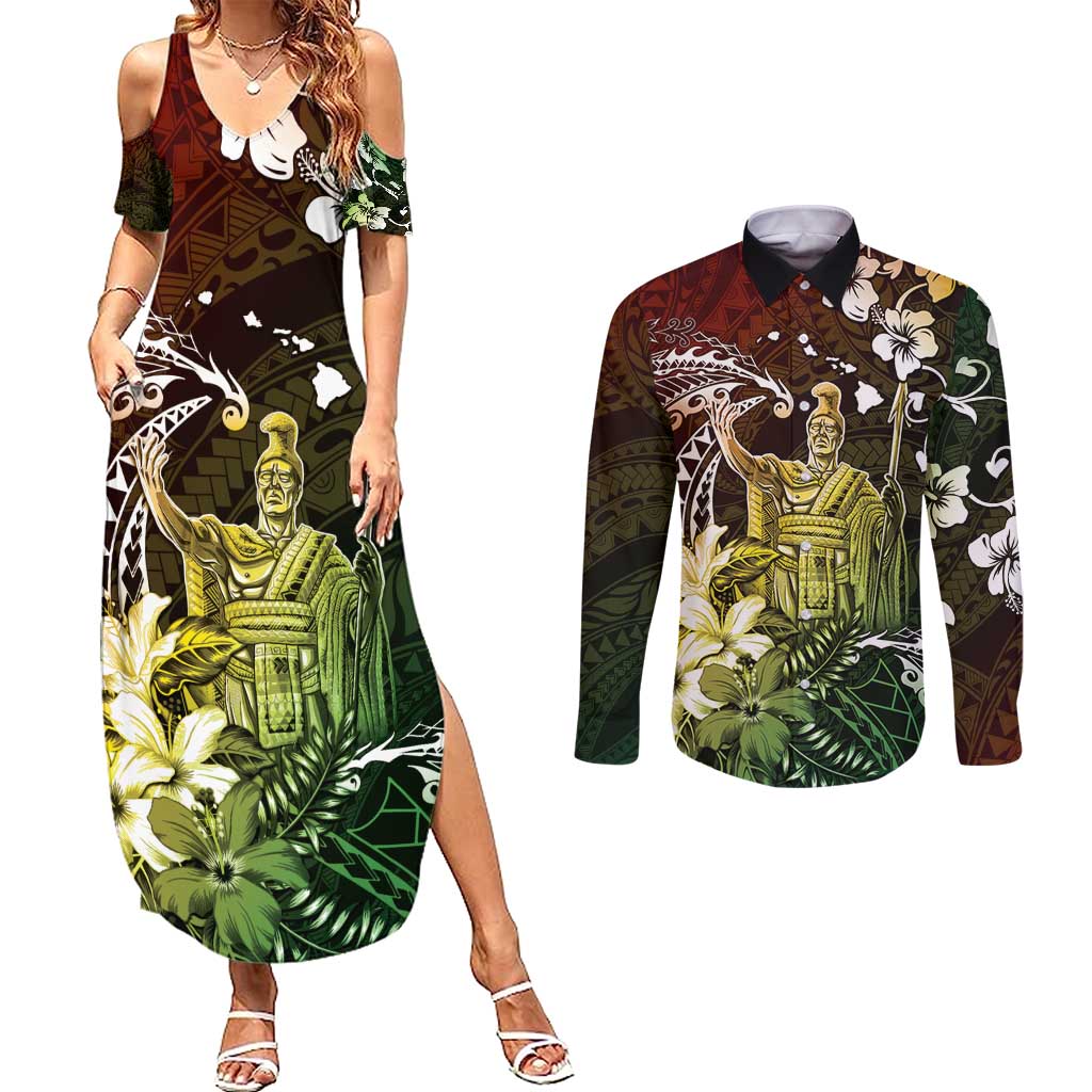 Hawaii King Kamehameha Day Couples Matching Summer Maxi Dress and Long Sleeve Button Shirt Polynesian Pattern Mix Hibiscus Reggae