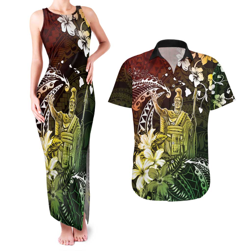 Hawaii King Kamehameha Day Couples Matching Tank Maxi Dress and Hawaiian Shirt Polynesian Pattern Mix Hibiscus Reggae