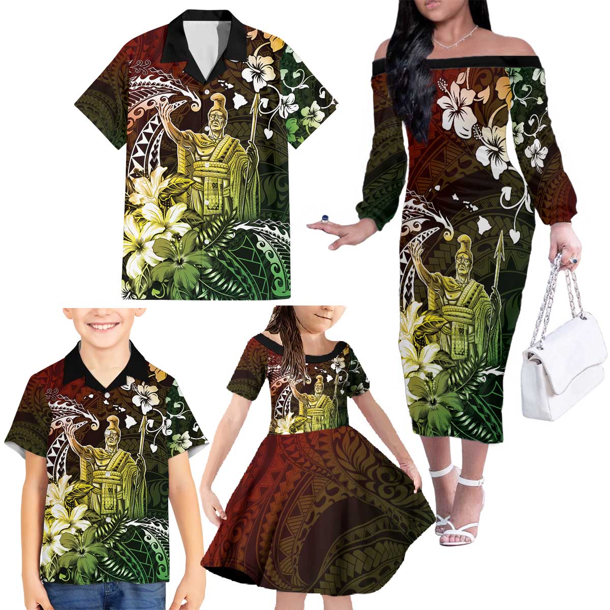 Hawaii King Kamehameha Day Family Matching Off The Shoulder Long Sleeve Dress and Hawaiian Shirt Polynesian Pattern Mix Hibiscus Reggae