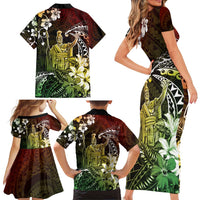 Hawaii King Kamehameha Day Family Matching Short Sleeve Bodycon Dress and Hawaiian Shirt Polynesian Pattern Mix Hibiscus Reggae