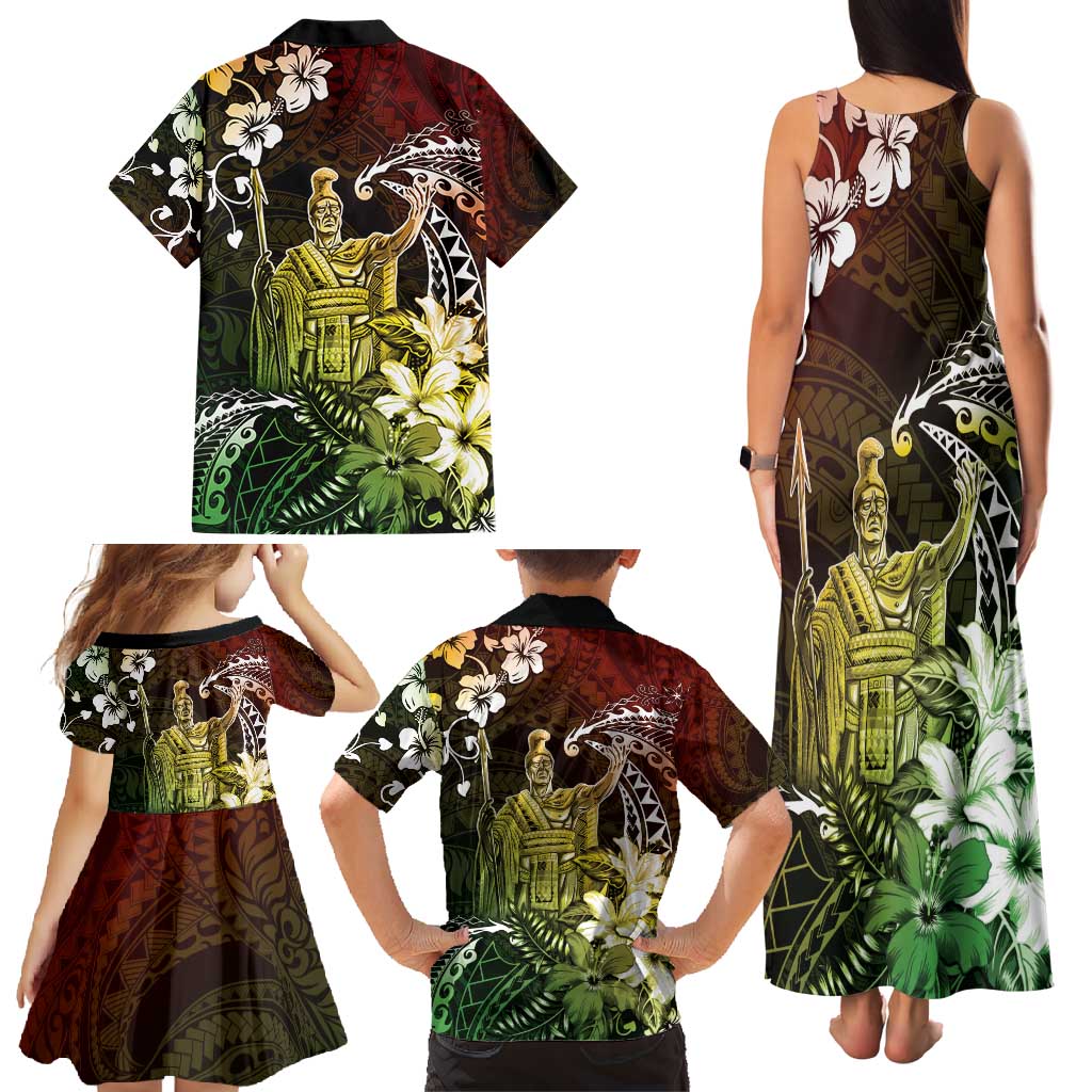 Hawaii King Kamehameha Day Family Matching Tank Maxi Dress and Hawaiian Shirt Polynesian Pattern Mix Hibiscus Reggae