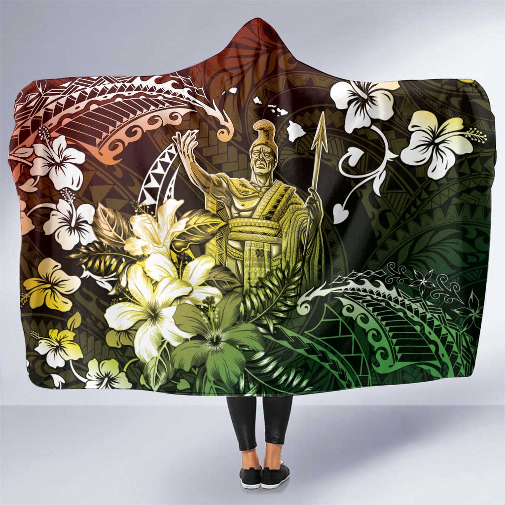 Hawaii King Kamehameha Day Hooded Blanket Polynesian Pattern Mix Hibiscus Reggae