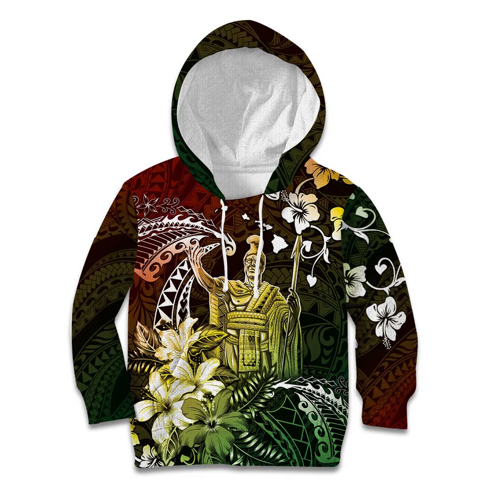 Hawaii King Kamehameha Day Kid Hoodie Polynesian Pattern Mix Hibiscus Reggae