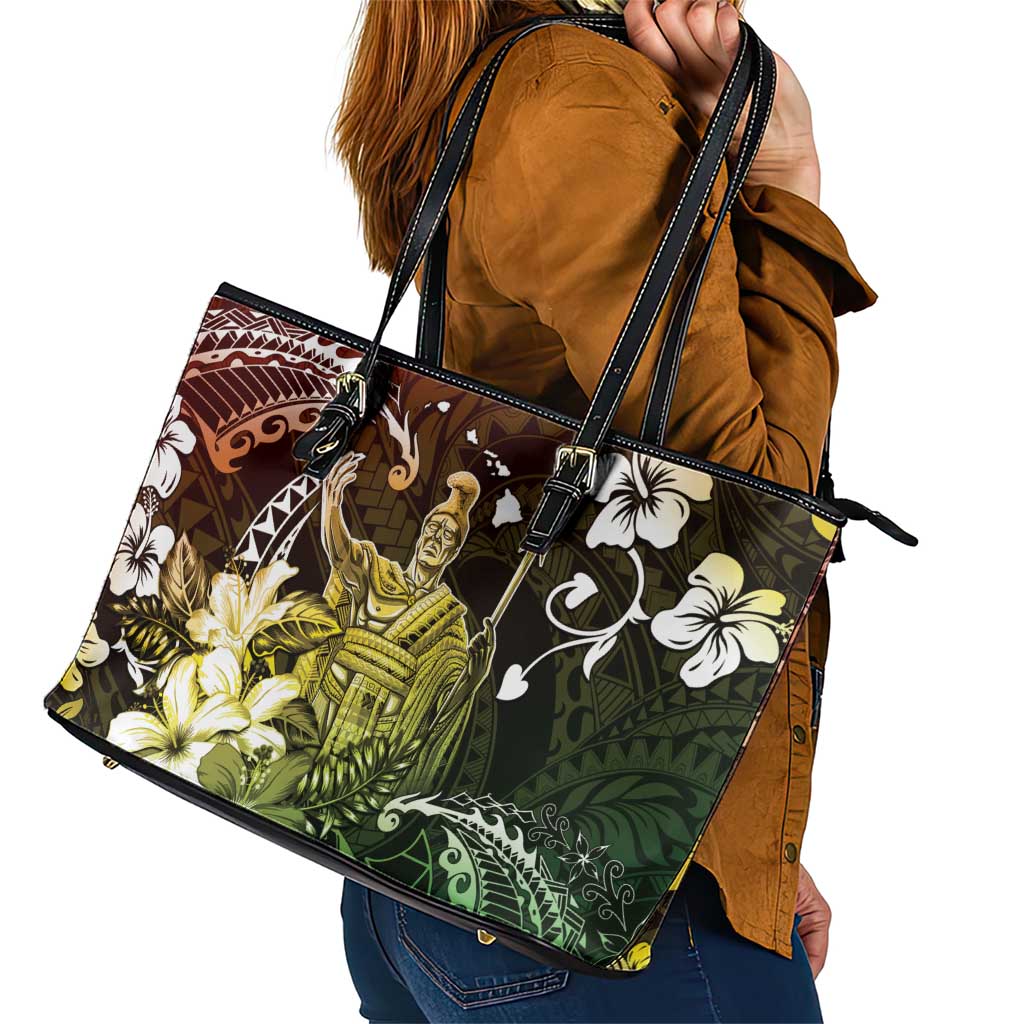 Hawaii King Kamehameha Day Leather Tote Bag Polynesian Pattern Mix Hibiscus Reggae