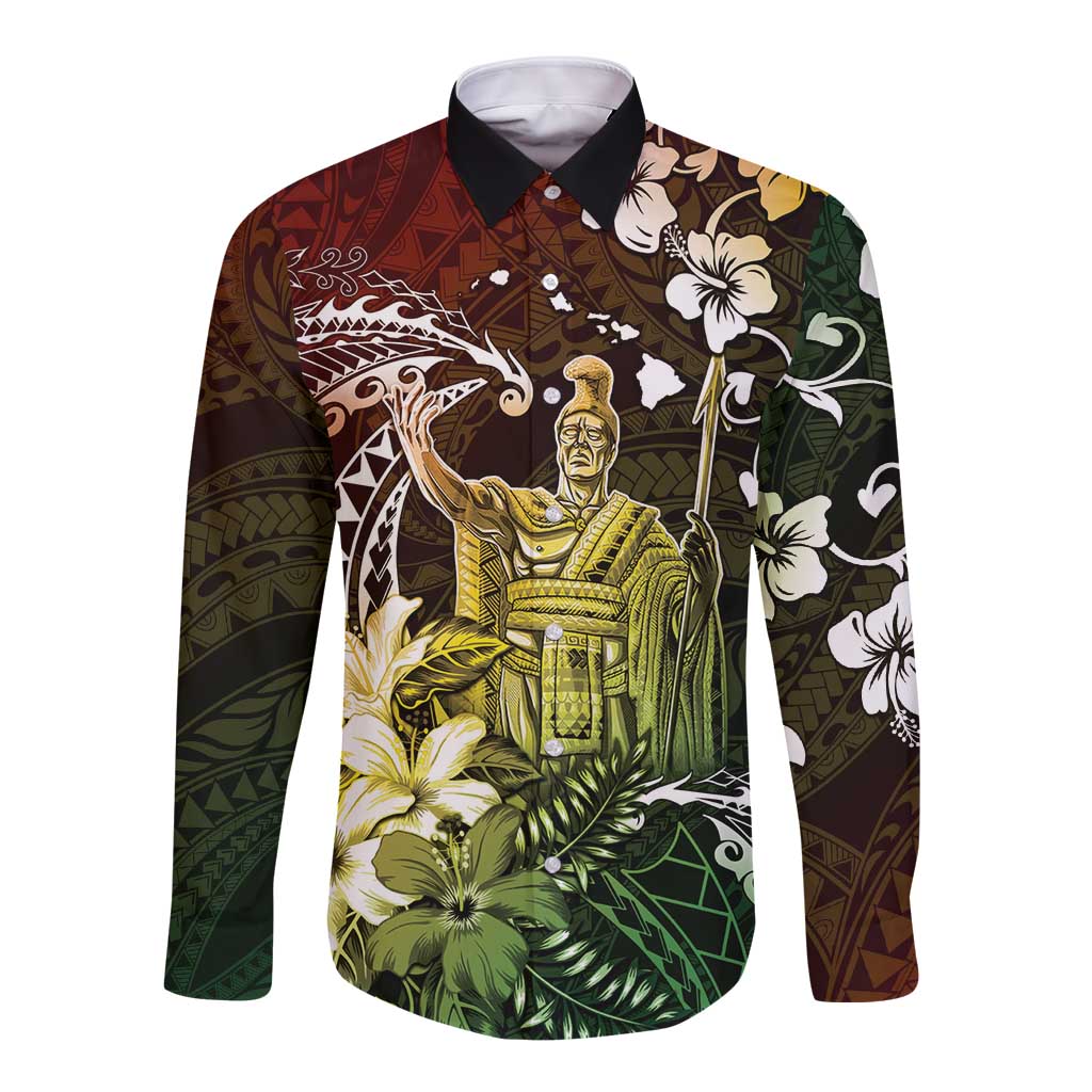 Hawaii King Kamehameha Day Long Sleeve Button Shirt Polynesian Pattern Mix Hibiscus Reggae