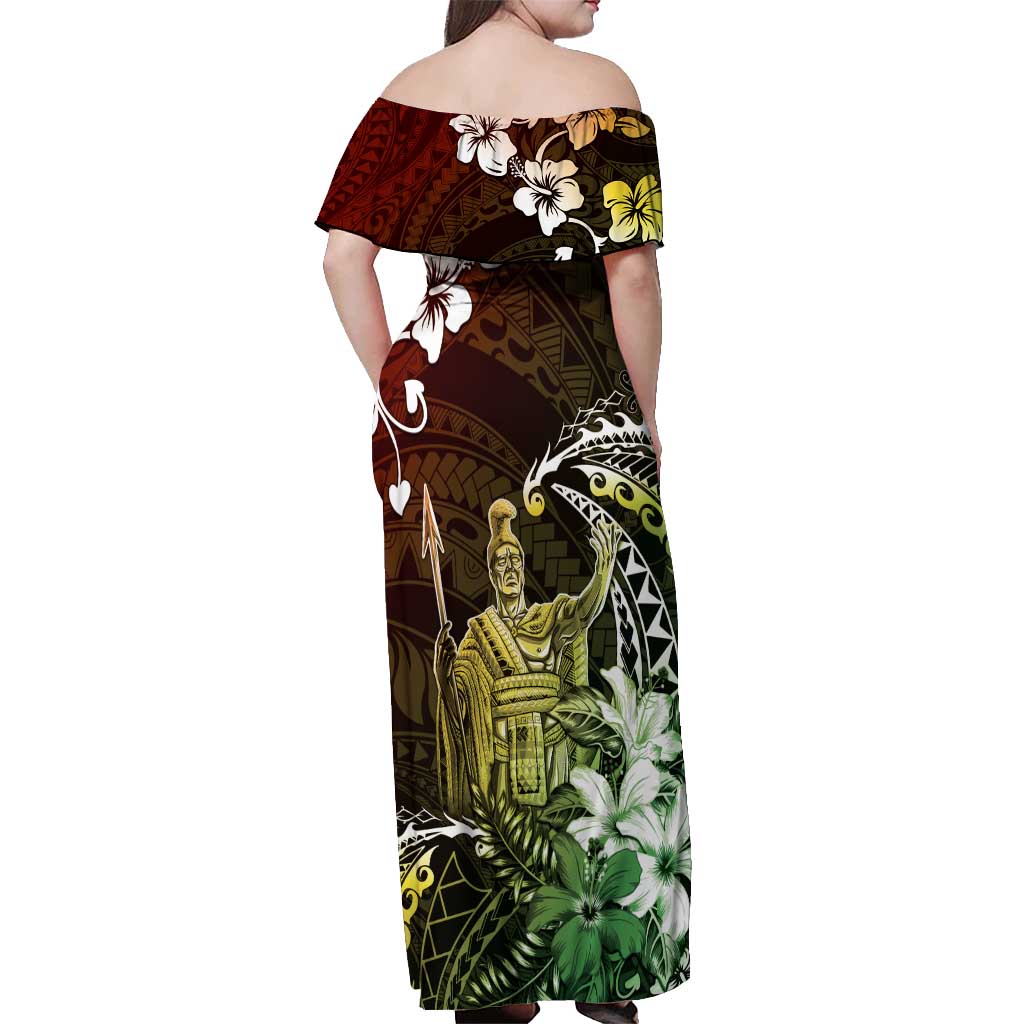 Hawaii King Kamehameha Day Off Shoulder Maxi Dress Polynesian Pattern Mix Hibiscus Reggae