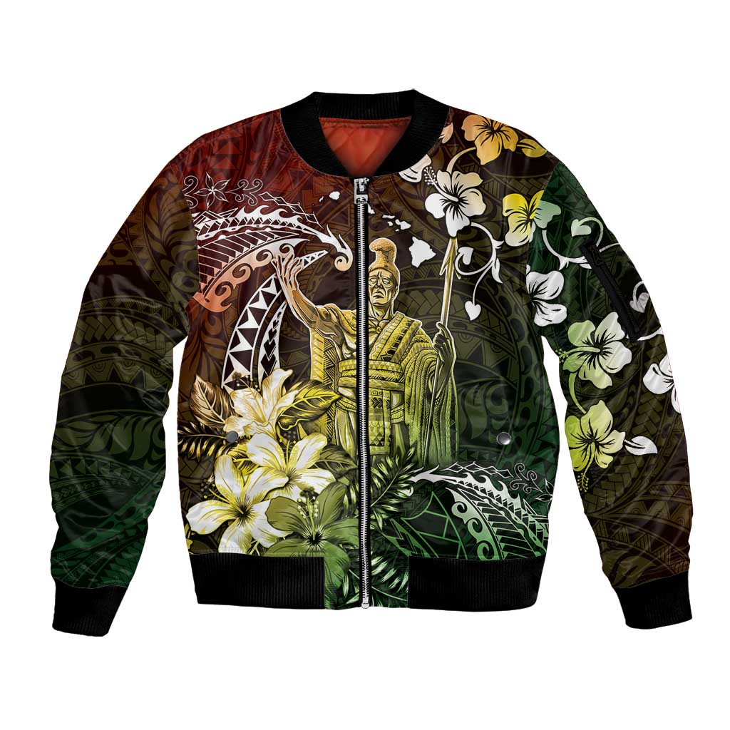 Hawaii King Kamehameha Day Sleeve Zip Bomber Jacket Polynesian Pattern Mix Hibiscus Reggae