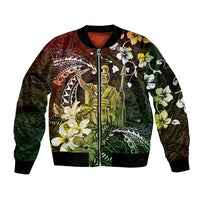 Hawaii King Kamehameha Day Sleeve Zip Bomber Jacket Polynesian Pattern Mix Hibiscus Reggae
